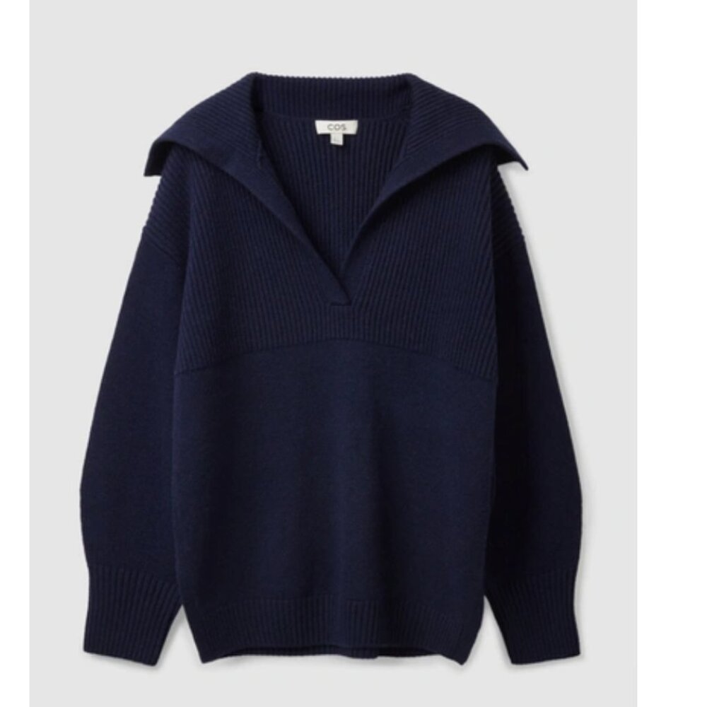 COS Navy Blue Wool Collared Pullover Sweater Womens Size Medium Chunky Knit